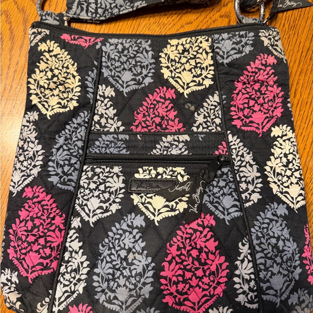 Vera Bradley Black, Pink, and Gray Patterned Crossbody Bag with Matching Wallet